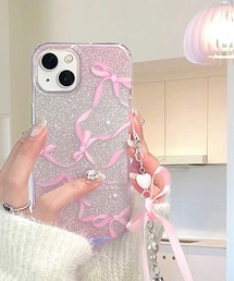 shopnikoniko（ショップニコニコ）の「ストラップ リボン iphoneケース スマホケース12 13 14 15 16 グリッター スマホケース（スマホケース/カバー・レディース）」
