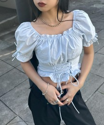 【LVEU.】レースアップリボンブラウス / トップス ブラウス レースアップ リボン パフショルダー シャーリング ショート クロップド ガーリー オフショル オフショルダー ホワイト ブラック ブルー