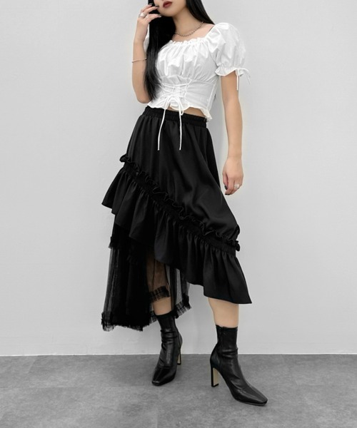 LVEU.（ラブユ.）の「【LVEU.】レースアップリボンブラウス / トップス ブラウス レースアップ リボン パフショルダー シャーリング ショート クロップド ガーリー オフショル オフショルダー ホワイト ブラック ブルー（シャツ/ブラウス・レディース・ブルー/ブラック/ホワイト・FREE）」の6枚目の写真