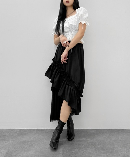 LVEU.（ラブユ.）の「【LVEU.】レースアップリボンブラウス / トップス ブラウス レースアップ リボン パフショルダー シャーリング ショート クロップド ガーリー オフショル オフショルダー ホワイト ブラック ブルー（シャツ/ブラウス・レディース・ブルー/ブラック/ホワイト・FREE）」の8枚目の写真