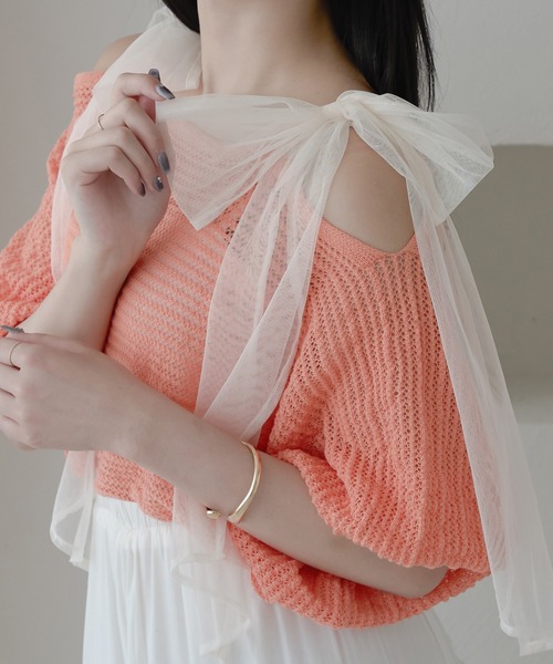 Ambre Neige（アンブルネージュ）の「2way mesh ribbon tops / 2wayメッシュリボントップス（Tシャツ/カットソー・レディース・ライトブルー/チャコールグレー/アイボリー/ライトグリーン/オレンジ/ベビーピンク・FREE）」の6枚目の写真