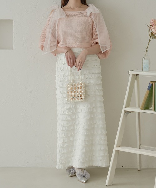 Ambre Neige（アンブルネージュ）の「2way mesh ribbon tops / 2wayメッシュリボントップス（Tシャツ/カットソー・レディース・ライトブルー/チャコールグレー/アイボリー/ライトグリーン/オレンジ/ベビーピンク・FREE）」の21枚目の写真