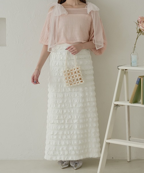 Ambre Neige（アンブルネージュ）の「2way mesh ribbon tops / 2wayメッシュリボントップス（Tシャツ/カットソー・レディース・ライトブルー/チャコールグレー/アイボリー/ライトグリーン/オレンジ/ベビーピンク・FREE）」の19枚目の写真