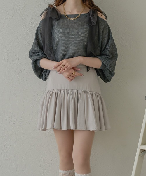 Ambre Neige（アンブルネージュ）の「2way mesh ribbon tops / 2wayメッシュリボントップス（Tシャツ/カットソー・レディース・ライトブルー/チャコールグレー/アイボリー/ライトグリーン/オレンジ/ベビーピンク・FREE）」の7枚目の写真