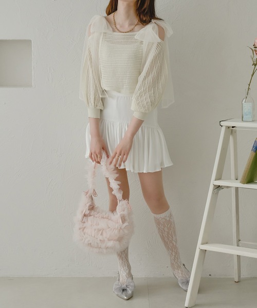 Ambre Neige（アンブルネージュ）の「2way mesh ribbon tops / 2wayメッシュリボントップス（Tシャツ/カットソー・レディース・ライトブルー/チャコールグレー/アイボリー/ライトグリーン/オレンジ/ベビーピンク・FREE）」の10枚目の写真