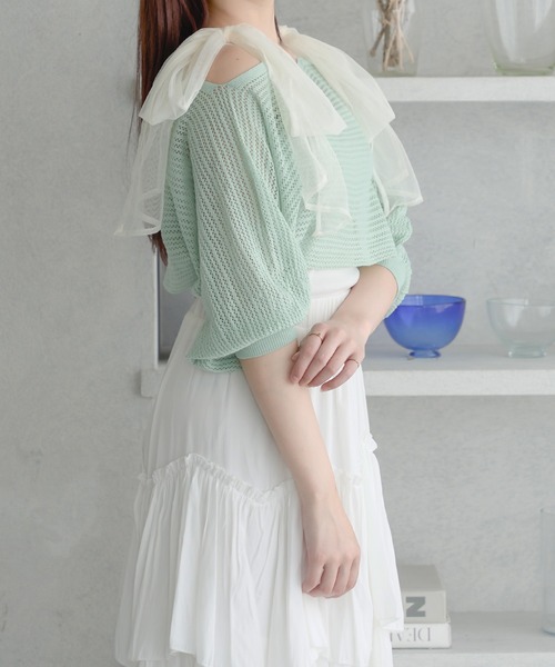 Ambre Neige（アンブルネージュ）の「2way mesh ribbon tops / 2wayメッシュリボントップス（Tシャツ/カットソー・レディース・ライトブルー/チャコールグレー/アイボリー/ライトグリーン/オレンジ/ベビーピンク・FREE）」の18枚目の写真