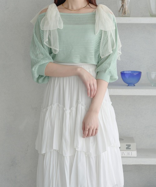 Ambre Neige（アンブルネージュ）の「2way mesh ribbon tops / 2wayメッシュリボントップス（Tシャツ/カットソー・レディース・ライトブルー/チャコールグレー/アイボリー/ライトグリーン/オレンジ/ベビーピンク・FREE）」の17枚目の写真
