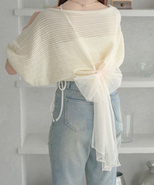 Ambre Neige（アンブルネージュ）の「2way mesh ribbon tops / 2wayメッシュリボントップス（Tシャツ/カットソー・レディース・ライトブルー/チャコールグレー/アイボリー/ライトグリーン/オレンジ/ベビーピンク・FREE）」の11枚目の写真