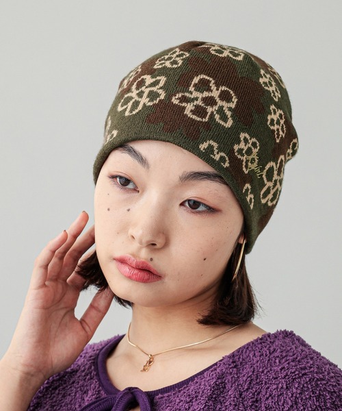 X-girl（エックスガール）の「PIXEL FLOWER JACQUARD BEANIE（ニットキャップ/ビーニー・レディース・ブラック/オリーブ・ONE SIZE）」の2枚目の写真