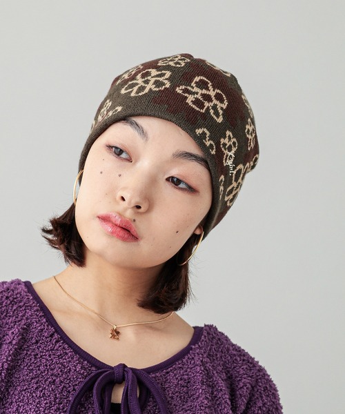 X-girl（エックスガール）の「PIXEL FLOWER JACQUARD BEANIE（ニットキャップ/ビーニー・レディース・ブラック/オリーブ・ONE SIZE）」の4枚目の写真