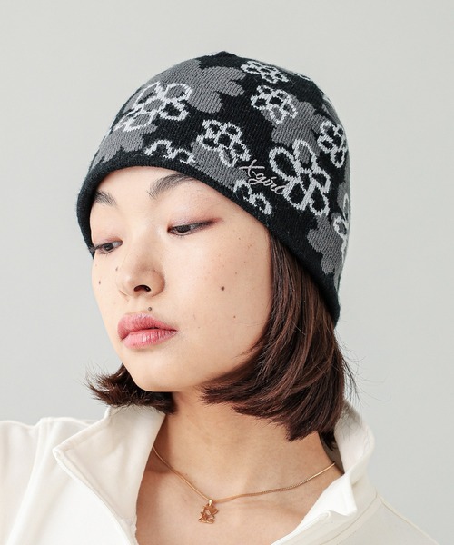 X-girl（エックスガール）の「PIXEL FLOWER JACQUARD BEANIE（ニットキャップ/ビーニー・レディース・ブラック/オリーブ・ONE SIZE）」の6枚目の写真