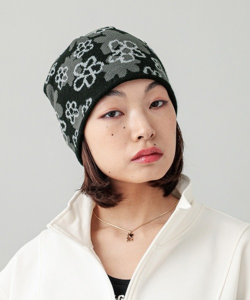 X-girl（エックスガール）の「PIXEL FLOWER JACQUARD BEANIE（ニットキャップ/ビーニー・レディース・ブラック/オリーブ・ONE SIZE）」の16枚目の写真