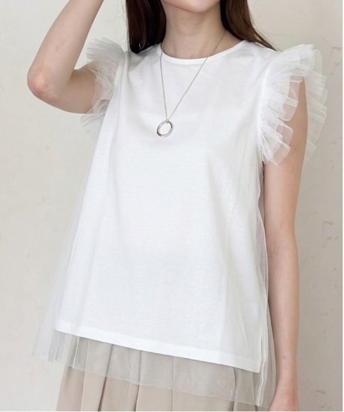 Per sist ence(パーシエンス)の「天竺×チュールレイヤーショルダーフリルTOPS(Tシャツ/カットソー・レディース・ブラック/チャコールグレー/アイボリー・FREE)」の2枚目の写真