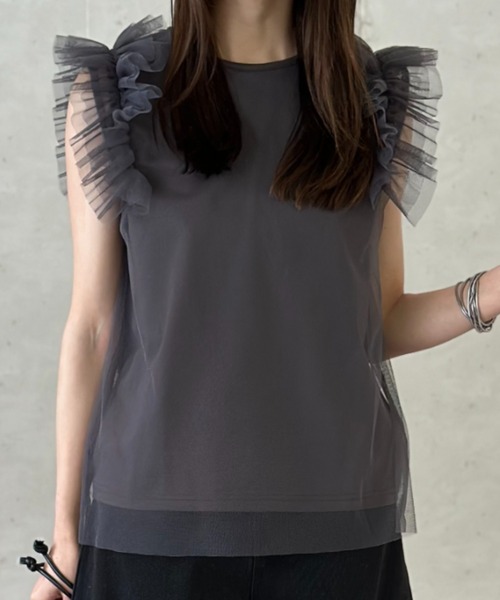 Per sist ence(パーシエンス)の「天竺×チュールレイヤーショルダーフリルTOPS(Tシャツ/カットソー・レディース・ブラック/チャコールグレー/アイボリー・FREE)」の22枚目の写真