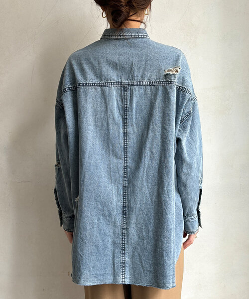 DouDou ブラウス シャツ ダメージデニムシャツ レディース