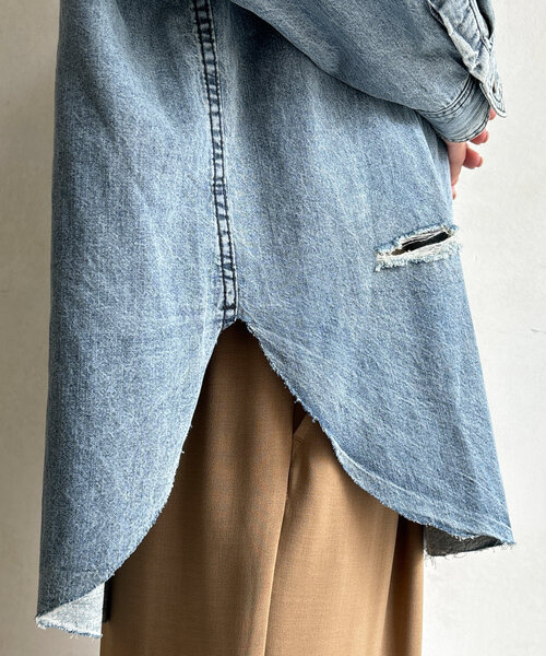 DouDouダメージデニムシャツ 人気カラー ブルー DouDou ブラウス シャツ ダメージデニムシャツ レディース