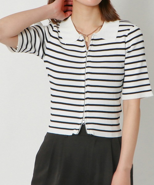 GORGE(ゴージ)の「《襟付きジップ》レディース リブニット 半袖カーディガン 2wayショート丈 春夏秋(Tシャツ/カットソー・レディース・オフホワイト/チャコールグレー/サックスブルー/ブラック/ピンク/グリーン/ホワイト系その他・F)」の1枚目の写真