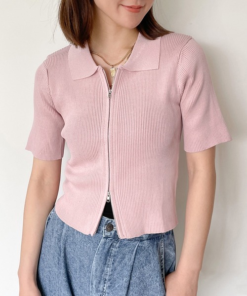 GORGE(ゴージ)の「《襟付きジップ》レディース リブニット 半袖カーディガン 2wayショート丈 春夏秋(Tシャツ/カットソー・レディース・オフホワイト/チャコールグレー/サックスブルー/ブラック/ピンク/グリーン/ホワイト系その他・F)」の7枚目の写真