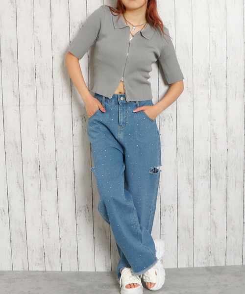 GORGE(ゴージ)の「《襟付きジップ》レディース リブニット 半袖カーディガン 2wayショート丈 春夏秋(Tシャツ/カットソー・レディース・オフホワイト/チャコールグレー/サックスブルー/ブラック/ピンク/グリーン/ホワイト系その他・F)」の22枚目の写真