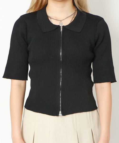 GORGE(ゴージ)の「《襟付きジップ》レディース リブニット 半袖カーディガン 2wayショート丈 春夏秋(Tシャツ/カットソー・レディース・オフホワイト/チャコールグレー/サックスブルー/ブラック/ピンク/グリーン/ホワイト系その他・F)」の21枚目の写真