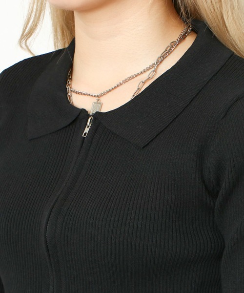 GORGE(ゴージ)の「《襟付きジップ》レディース リブニット 半袖カーディガン 2wayショート丈 春夏秋(Tシャツ/カットソー・レディース・オフホワイト/チャコールグレー/サックスブルー/ブラック/ピンク/グリーン/ホワイト系その他・F)」の18枚目の写真