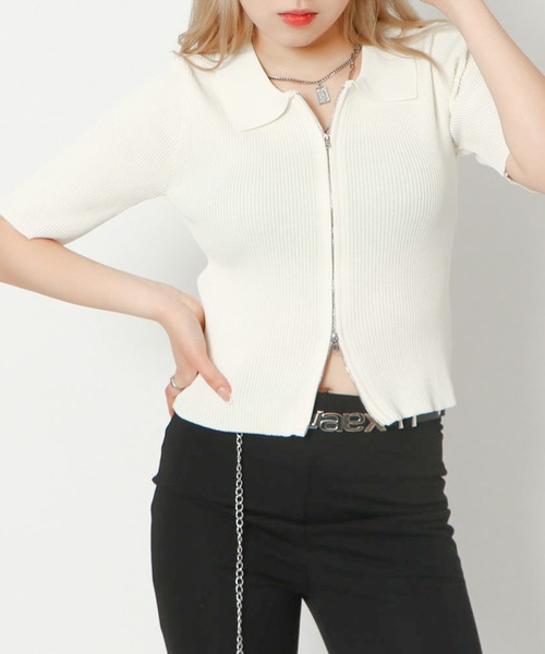 GORGE(ゴージ)の「《襟付きジップ》レディース リブニット 半袖カーディガン 2wayショート丈 春夏秋(Tシャツ/カットソー・レディース・オフホワイト/チャコールグレー/サックスブルー/ブラック/ピンク/グリーン/ホワイト系その他・F)」の16枚目の写真