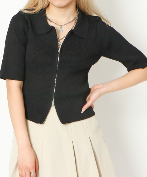 GORGE(ゴージ)の「《襟付きジップ》レディース リブニット 半袖カーディガン 2wayショート丈 春夏秋(Tシャツ/カットソー・レディース・オフホワイト/チャコールグレー/サックスブルー/ブラック/ピンク/グリーン/ホワイト系その他・F)」の13枚目の写真
