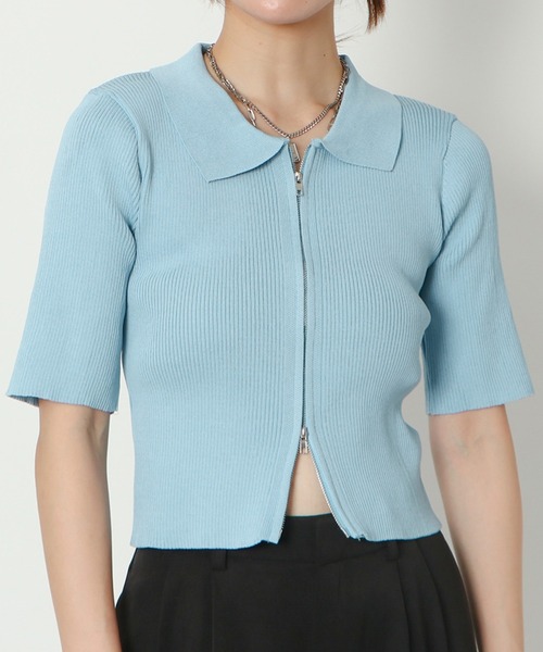 GORGE(ゴージ)の「《襟付きジップ》レディース リブニット 半袖カーディガン 2wayショート丈 春夏秋(Tシャツ/カットソー・レディース・オフホワイト/チャコールグレー/サックスブルー/ブラック/ピンク/グリーン/ホワイト系その他・F)」の12枚目の写真