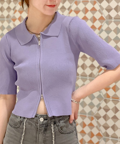 GORGE(ゴージ)の「《襟付きジップ》レディース リブニット 半袖カーディガン 2wayショート丈 春夏秋(Tシャツ/カットソー・レディース・オフホワイト/チャコールグレー/サックスブルー/ブラック/ピンク/グリーン/ホワイト系その他・F)」の11枚目の写真