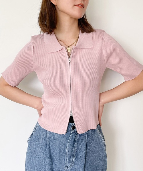 GORGE(ゴージ)の「《襟付きジップ》レディース リブニット 半袖カーディガン 2wayショート丈 春夏秋(Tシャツ/カットソー・レディース・オフホワイト/チャコールグレー/サックスブルー/ブラック/ピンク/グリーン/ホワイト系その他・F)」の9枚目の写真