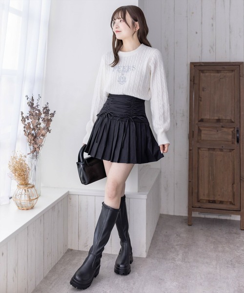 clear（クリア）の「リボンシャーリング切り替えプリーツスカート [韓国風コーデ]≪2024AW新作≫（スカート・レディース・チャコールグレー/ブラック・M/S）」の15枚目の写真