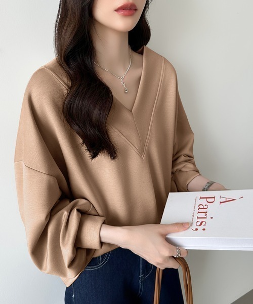 エストネーション　グレー　トップス　スウェット　　Vネック　ダンボール素材 エストネーション グレー トップス スウェット Vネック