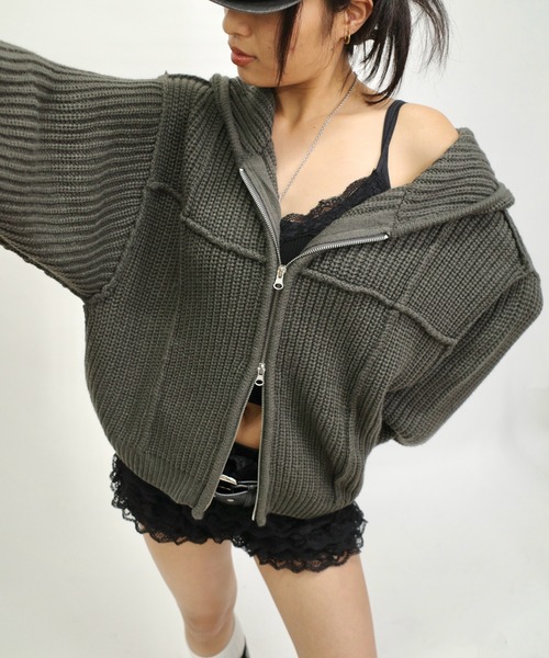 WHO'S WHO gallery(フーズフーギャラリー)の「ジップニットパーカー(パーカー・レディース・チャコールグレー/ブラック/アイボリー・FREE)」の1枚目の写真