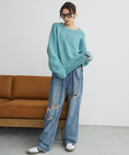 Auntie Rosa Holiday(アンティローザホリデー)の「ブークレハーフジップニットプルオーバー(ニット/セーター・レディース・グレー/ブルー/グレイッシュベージュ・FREE)」の8枚目の写真