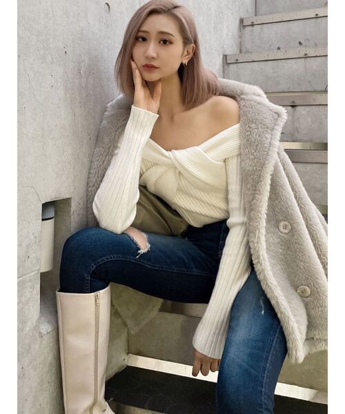 GYDA（ジェイダ）の「TWISTオフショルショートニットトップス（ニット/セーター・レディース・オフホワイト/ブラック・FREE）」の21枚目の写真