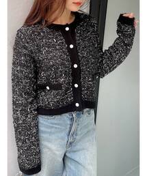 ノーカラーツイードニットカーディガン