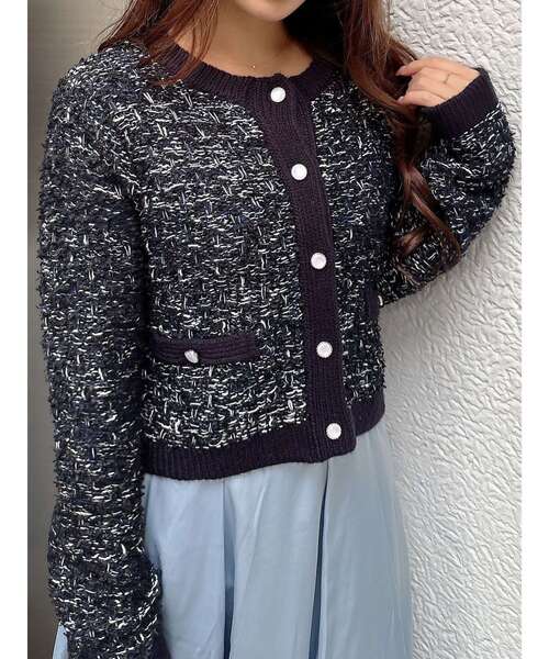 MERCURYDUO（マーキュリーデュオ）の「ノーカラーツイードニットカーディガン（カーディガン/ボレロ・レディース・ネイビー/ブラック/オフホワイト・FREE）」の4枚目の写真