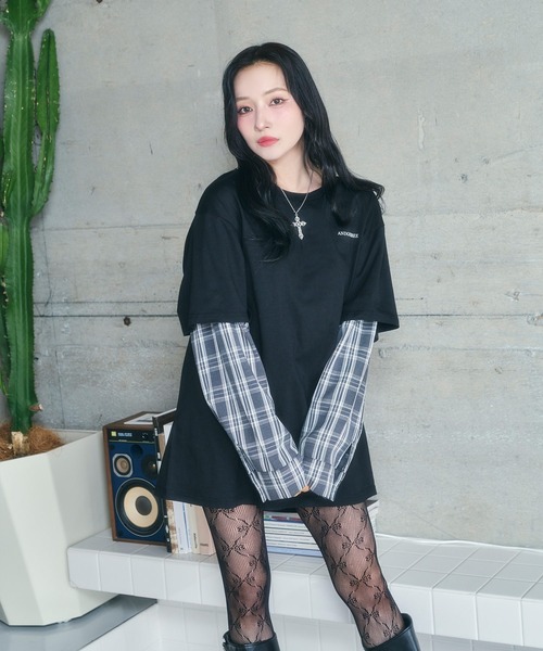 ANDGEEBEE（アンジービー）の「UNISEX シャツレイヤードロンT（Tシャツ/カットソー・レディース・ブラック/グレー・FREE）」の3枚目の写真