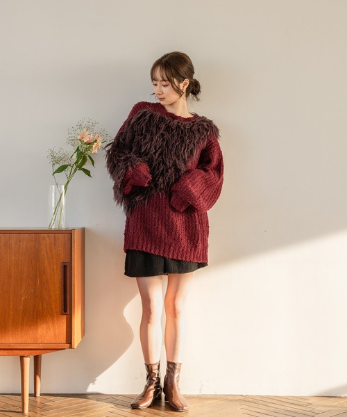セール】back design asymmetry shaggy knit / バックデザイン