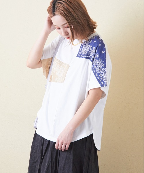ファンシー リメイク トレーナー セール】26/-OE天竺×バンダナリメイク風切替Tシャツ（Tシャツ