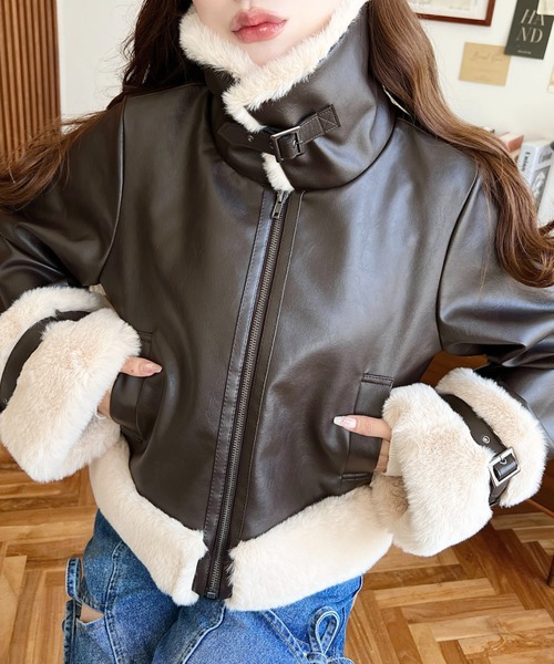 ジャケット・アウター Xfrm FEATHER YARN design zip jacket セール】フェイクレザー×フェイクファームートン風裏地キルト