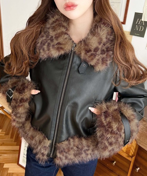 ジャケット・アウター Xfrm FEATHER YARN design zip jacket セール】フェイクレザー×フェイクファームートン風裏地キルト
