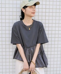 裾フリル ピグメントTシャツ/異素材ドッキングTシャツ