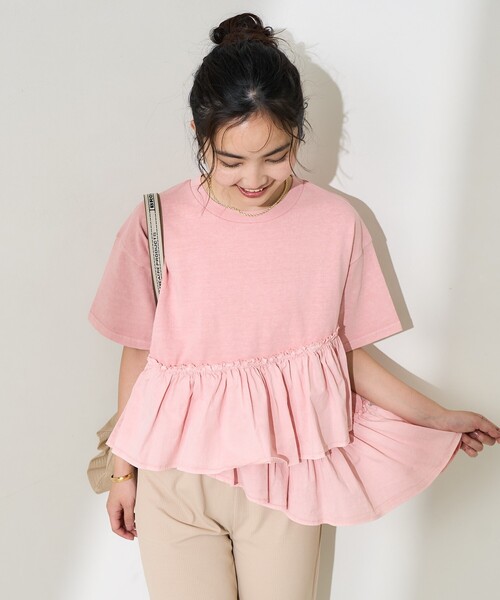 FREAK'S STORE(フリークスストア)の「裾フリル ピグメントTシャツ/異素材ドッキングTシャツ(Tシャツ/カットソー・レディース・オフホワイト/チャコールグレー/ピンク・フリ-)」の7枚目の写真