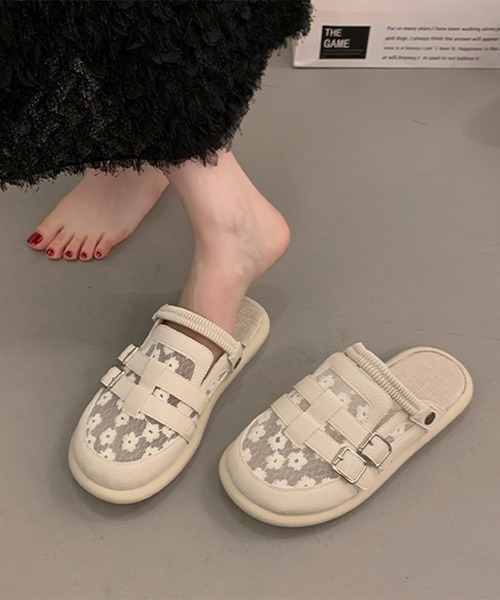 Lace Ladies(レースレディース)の「2WAYフラワー 刺繍 ベルト付き バックストラップ ミュール サンダル(サンダル・レディース・アイボリー・24.5cm/25cm/22.5cm/23cm/23.5cm/24cm)」の1枚目の写真