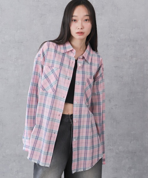 WEGO（ウィゴー）の「WEGO/チェックBIGシャツ（シャツ/ブラウス・レディース・ブラック/レッド/ピンク/ブラウン・FREE）」の3枚目の写真