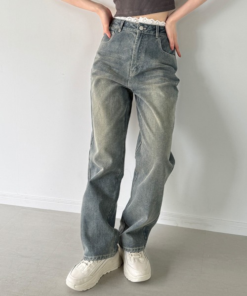 junoah（ジュノア）の「コットンレースストレートデニム（デニムパンツ・レディース・ブラック/ライトブルー・SMALL/MEDIUM/LARGE/X-LARGE）」の2枚目の写真