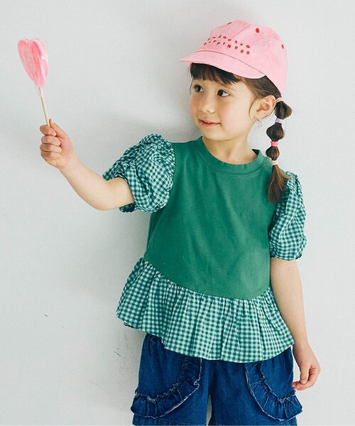 p.premier（ピードットプルミエ）の「シャーリングパフスリーブペプラム半袖Tシャツ（Tシャツ/カットソー・キッズ・ブラウン/グリーン/ブラック/アイボリー・80/90/100/110/120/130/140）」の4枚目の写真