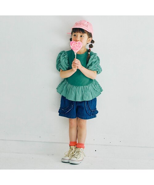 p.premier（ピードットプルミエ）の「シャーリングパフスリーブペプラム半袖Tシャツ（Tシャツ/カットソー・キッズ・ブラウン/グリーン/ブラック/アイボリー・80/90/100/110/120/130/140）」の5枚目の写真