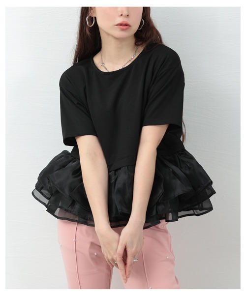 Sawa a la mode(サワアラモード)の「オーガンジ―フリルドッキングトップス(Tシャツ/カットソー・レディース・ブラック/ブラック×ホワイト・FREE)」の4枚目の写真